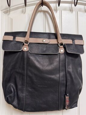 Cate Gray Black and Tan Leather Handbag. 14” by 14” by 1”